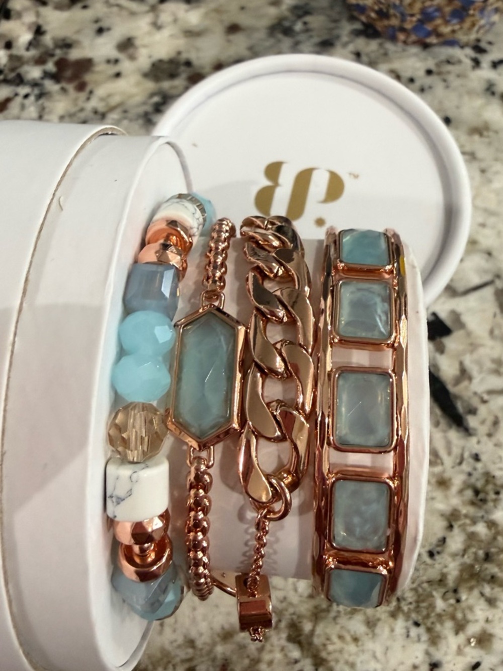 Rose Gold & Aqua Stone Stack Bracelet Set - P. by (Unbranded)